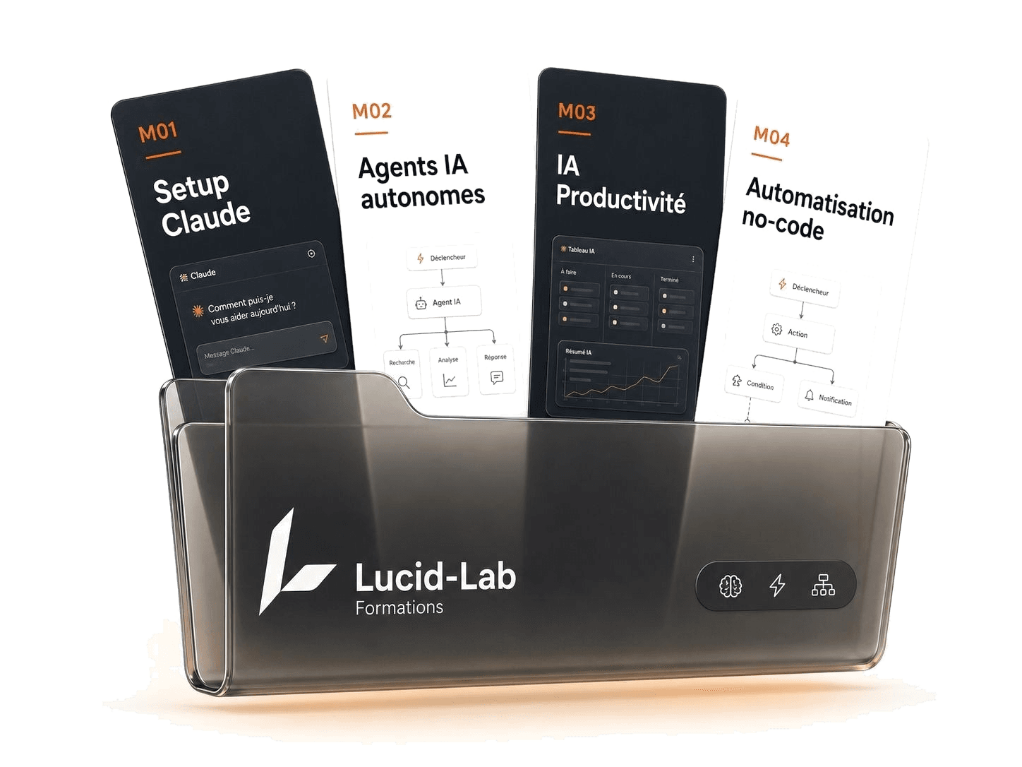Les quatre modules de formation Lucid-Lab : Setup Claude, agents IA autonomes, IA productivité, automatisation no-code